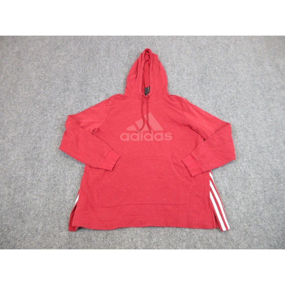 Adidas Hoodie Womens Large Red Fleece Pullover Kangaroo Pocket‎ 3-Stripes Logo